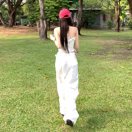 White High-Waist Loose Drawstring Wide-Leg Overalls Women's Spring and Summer New Loose Slimming All-Match Hanging Casual Pants for Women