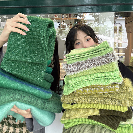Infinite Forest Green is coming ~ dark blue light blue * white solid color warm scarf green knitted scarf autumn and winter all-matching