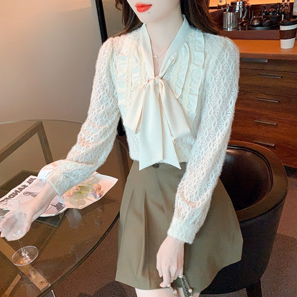 French Brushed Lace Shirt Women's Spring New Bow Style Ruffled Elegant Base Top