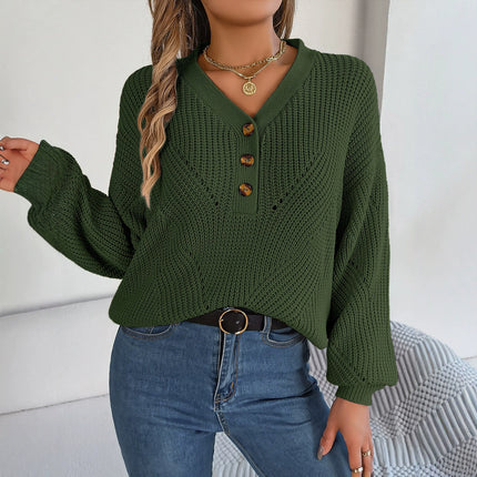 Real shot 2023 autumn and winter New hollow V-neck button lantern sleeve pullover sweater independent station cross-border foreign trade women's clothing
