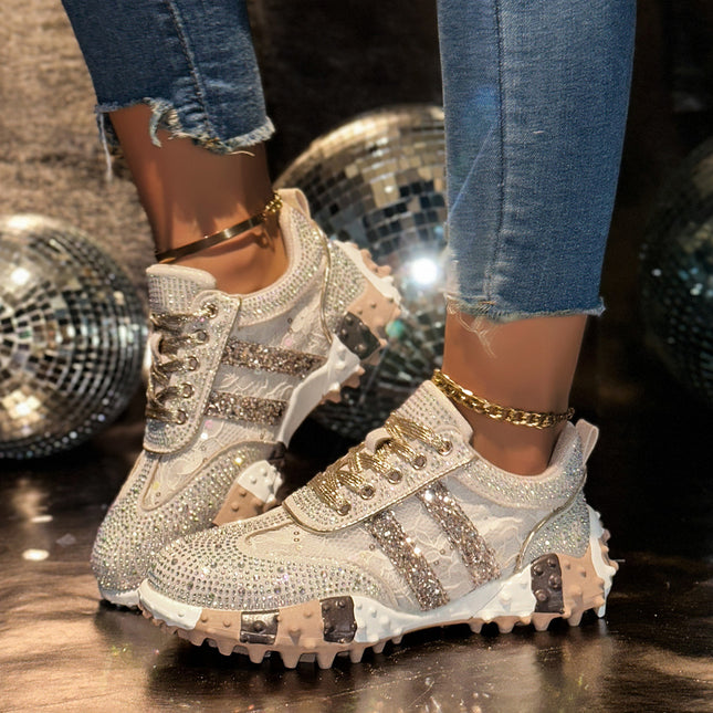 Dad Shoes for Women 2025 European Hot Style Shoes New Summer Breathable Flats Thick Sole Casual Sports Rhinestone Mesh Shoes