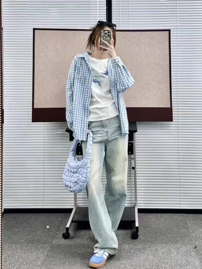 Japanese Style Sweet Cream Blue and White Plaid Shirt Women's Spring New Pleated Design Sense Outer Wear Shirt Coat Top