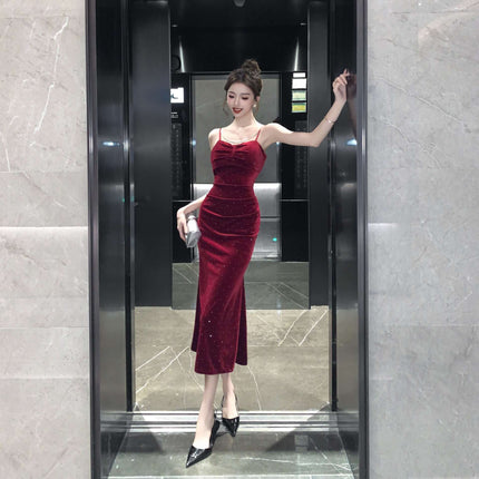 2160 autumn and winter socialite temperament gold velvet condole belt dress gypsophila rhinestone dress fishtail skirt slim dress