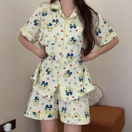 Cute Tamagotchi Pajamas for Women, Summer Short-Sleeve Shorts, Thin Cotton Cartoon Japanese-Style Plaid Loungewear