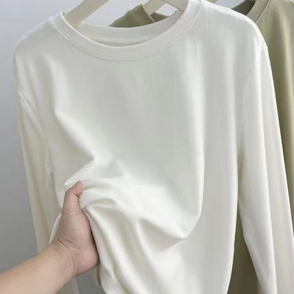 All-Match Good Wearing Solid Color Net-Style Fleece Crewneck Long-Sleeved T-Shirt Women's Double-Scrub Fleece-Lined Thickened Inner Top
