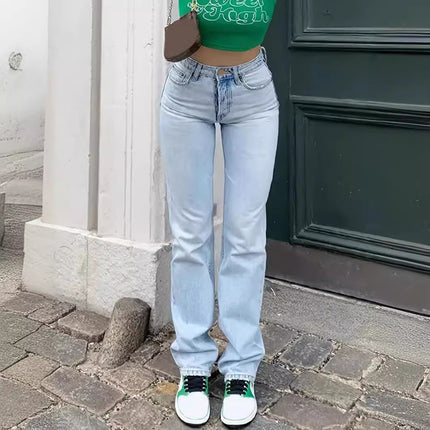 Amazon Aliexpress 2025 New Women's Clothing European and American Cross-Border Light Blue High-Waisted Jeans Women's Loose Straight Pants