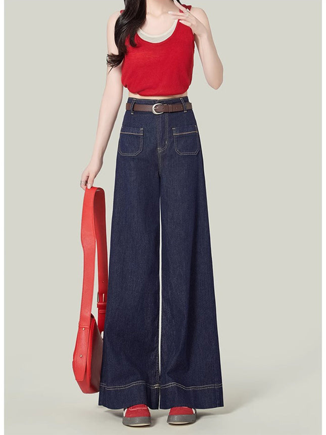 American Style dark blue Wide-Leg Jeans Women's 2025 Spring High Waist Pear-Shaped Slim-Fit Drop Loose Straight Pants