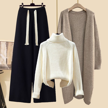 Autumn suit Women's 2024 New Korean Lazy Style Cardigan Jacket with Slim Sweater Wide Leg Pants Three-Piece Set