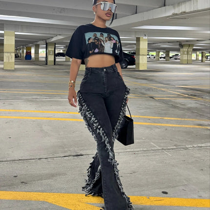 M80923 European and American Fashion New Retro Raw Edge Trendy Design Cool Floor-Length Flared Jeans