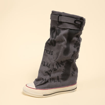 Letter Graffiti Canvas Pants Tube Boots Women's Pleated Stack Boots Niche Design Sense Foreign Trade 2025 plus size Cross-border Boots