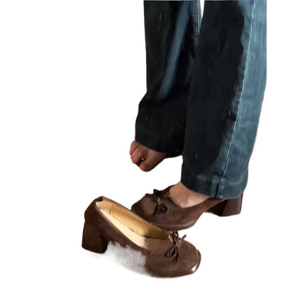 Retro Brown Suede Slip-On Bow New Shoes for Women New Summer Waterproof Platform Thick Heel Shoes