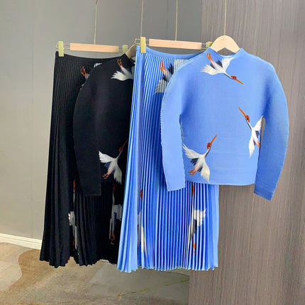 Fashionable casual pleated suit high-grade crane printed high waist skirt long sleeve top two-piece suit women's all-match