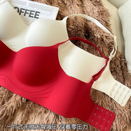 Large Bust Seamless Bra, One-Piece Thin Style Without Underwire, Anti-Sagging, Side Breast Collection, Bridal Wedding Dress Red Bra, Push-Up