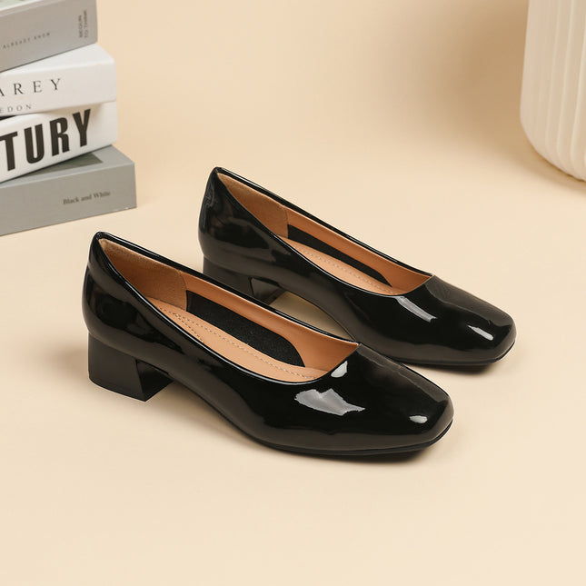 Work Shoes Women's Black Long-standing Not Tired Feet Summer Patent Leather Soft-soled Comfortable Work Professional Middle Heel Thick Heel Single-layer Shoes Women