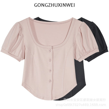[Guangzhou upper board official map, avoid complaints of stolen map] sweet sister design short square collar short sleeve women's top tide