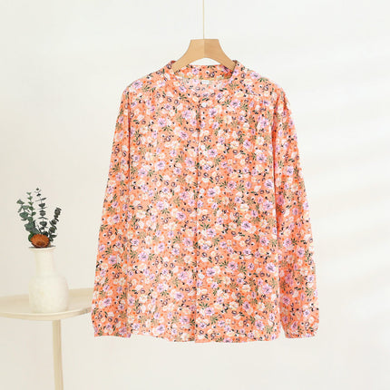 Middle-Aged and Elderly Women's Summer Thin Cardigan Mother's Wear Cotton Silk Long-Sleeved Loose Large Size Artificial Cotton Shirt Pajama Top