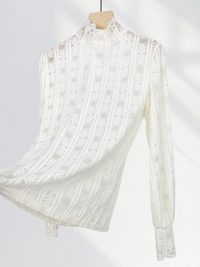 Women's full-body fleece-lined high collar brushed lace bottoming shirt autumn and winter long sleeve lace mesh top