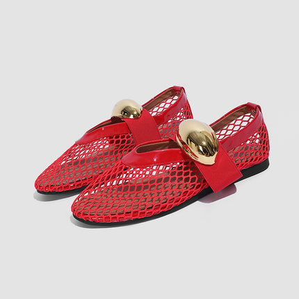 Niche Metal Mesh Flat Shoes Comfortable Hollow Shallow Mouth Breathable Single-layer Shoes Summer Golden Ballet Shoes Mary Jane