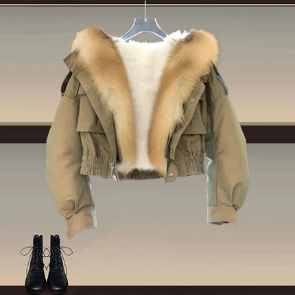 Winter suit women's 2024 new plus size design wool collar hooded cotton-padded jacket coat sweater skirt three-piece set