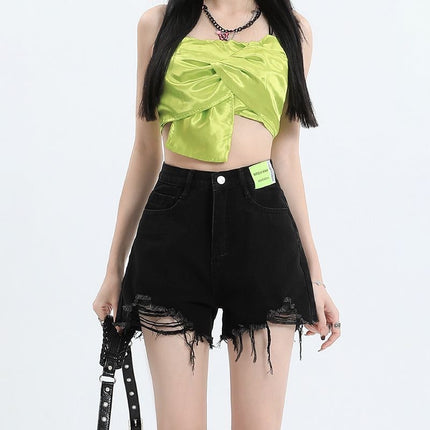 2025 New Black Ripped Denim Shorts for Female Summer Students Loose Straight Brushed High Waist Slimming Look A-Line Hot Pants