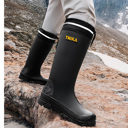 Mountain-Style High-Top Men's Rain Boots, Versatile Reflective Ankle Wading Shoes, Extra High Rubber Shoes, Non-Slip Black Rain Boots