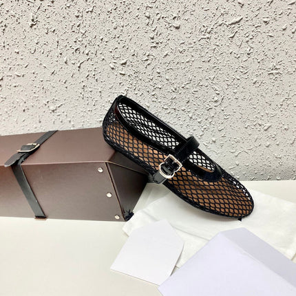 2024 New Fishnet Shoes Hollow Out Ballet Shoes Women's Flat Mesh Retro Mary Jane Shoes