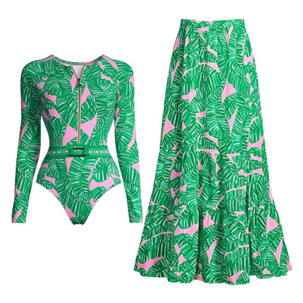 2025 European and American Swimwear New Long-Sleeved Zipper Green Printed Surf Suit Women's Cross-Border Hot Style 25150