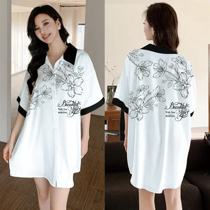 Summer New Style Fashionable Pure Lust Sexy Ice Silk Shirt Pajamas Loose High-End Home Wear Suit for Women