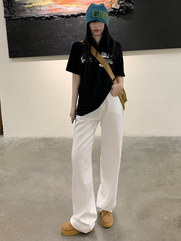 With inch women's clothing | 2025 loose Denim wide leg white straight pants women slim mop pants pear-shaped slim
