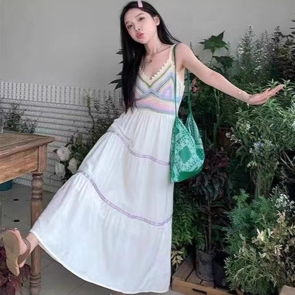 Summer women's national style sling hollow stitching dress new style sling skirt holiday style