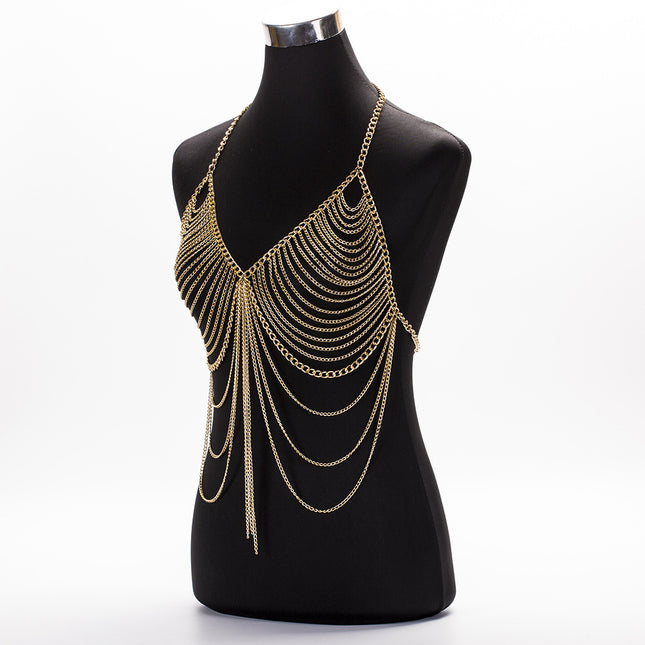 Europe and the United States cross-border new ladies sexy metal chest chain exaggerated fashion bikini tassel body chain performance accessories
