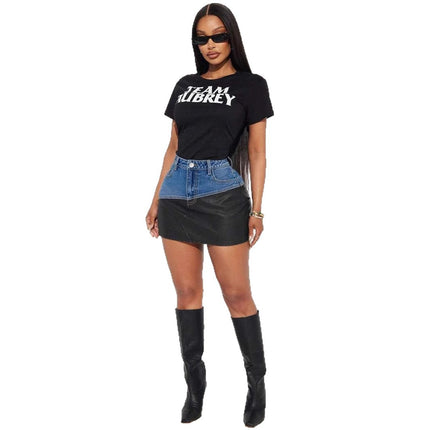 Tk Xiyin Temu Fully Managed Tiktok Pop In-Stock Direct Shipping Cross-Border Women's Clothing Leather Patchwork Denim Leather Skirt Short