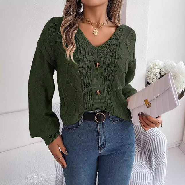 Big Sale 2024 Autumn and Winter Pure Color V Neck Button Twist Lantern Sleeve Pullover Sweater Amazon Cross-Border European and American Clothing