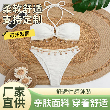 Cross-Border European and American New Bikini Shell Pendant Sexy Strap Halterneck Pure Color Swimsuit Swimsuit Women's Bikini