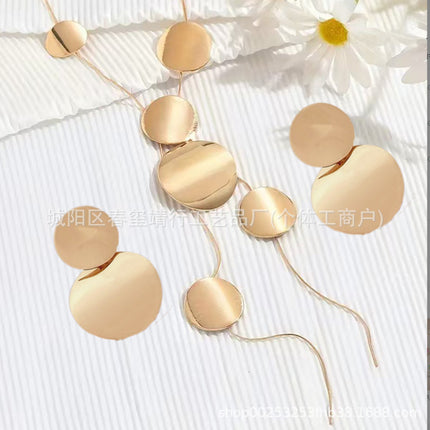 European and American Cross-border All-match Women's Long Necklace Trendy Temperament Jewelry Round Pieces Hollow Geometric Chain Necklace