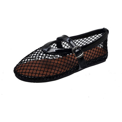 Ballet Shoes Women's Flats Hollow Out Mary Jane Single Shoes Fishnet Shoes 2025 Summer New Sandals Women Mesh Shoes