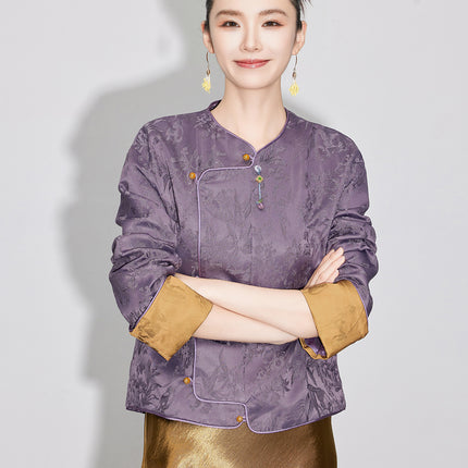 【Zhīhé Táng】New Chinese-Style Jacquard Pendant Jacket for Women, Autumn National Style Round Neck Buttoned Long-Sleeve Top 3969