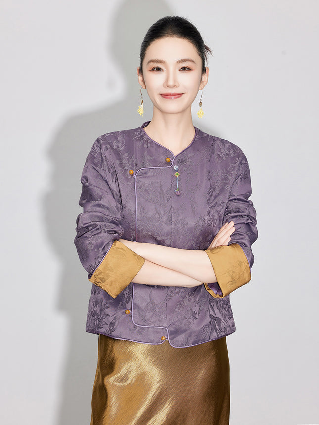 【Zhīhé Táng】New Chinese-Style Jacquard Pendant Jacket for Women, Autumn National Style Round Neck Buttoned Long-Sleeve Top 3969