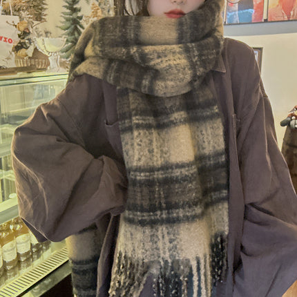 Warm coffee Maillard ~ dark blue light blue * Internet celebrity ins mohair plaid scarf autumn and winter thickened warm scarf