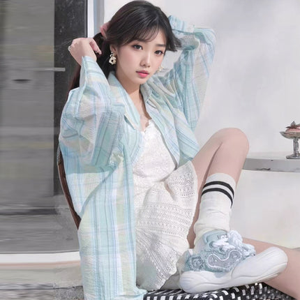 Fresh Mint Green Shirt Women's Summer Mid-length Loose Sun-protective Shirt Long-sleeved Lazy Style Plaid Shirt Thin Jacket