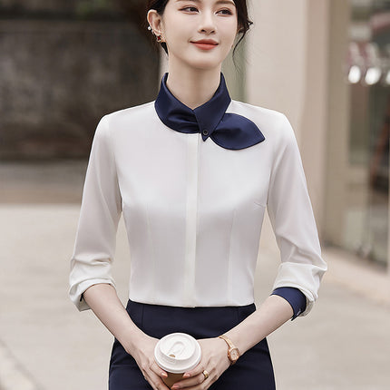 Professional Dress Long Sleeve White Shirt Women's 2024 Spring Temperament Women's Hotel Front Desk Jewelry Store Beautician Work Clothes