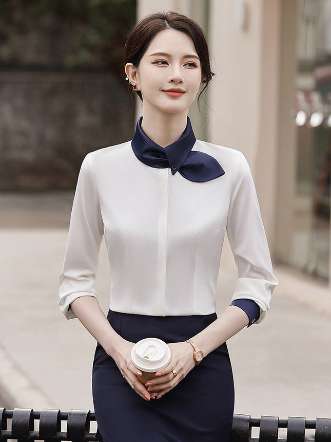 Professional Dress Long Sleeve White Shirt Women's 2024 Spring Temperament Women's Hotel Front Desk Jewelry Store Beautician Work Clothes