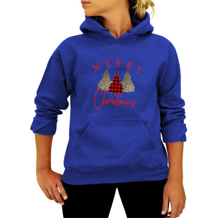 Foreign Trade Cross-border merry Leopard Print Plaid Christmas Tree Printing Hooded Hoodie Autumn and Winter European and American Ladies