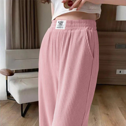 Pink Ice Silk Pants Women's Summer Thin Narrow Wide Leg Pants 2025 New High Waist Dape Straight Sunscreen Trousers