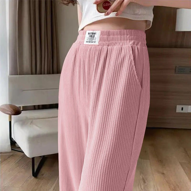 Pink Ice Silk Pants Women's Summer Thin Narrow Wide Leg Pants 2025 New High Waist Dape Straight Sunscreen Trousers