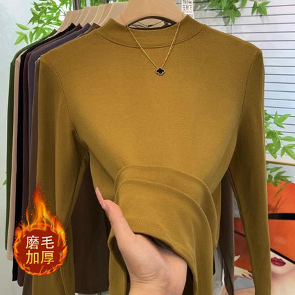 Brushed Thickeneded Small Stand-Up Collar Bottoming Shirt for Women in Spring, Autumn and Winter with Velvet and Thickeneding 2025 New Warm Top for Women