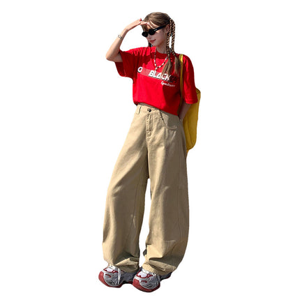 Khaki Loose Wide-Leg Sickle Jeans for Women 2025 Spring and Summer New High-Waisted Straight Draped Versatile Floor-Length Pants
