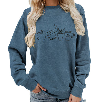 Apple Books Tea Cup Pencil Printing Crewneck Women's Top Sweatshirt Foreign Trade Supply Autumn and Winter Coat Casual Loose