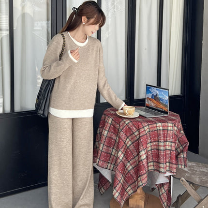 2025 New Autumn and Winter Sweater Women's Suit Pure Color Round Neck Knitted Fake Two-Piece Set Lazy Sweater Set