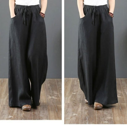 2024 Spring/Summer Literary Cotton and Linen Feel Women's Loose Plus Size Wide-Leg High-Waisted Floor-Length Pants